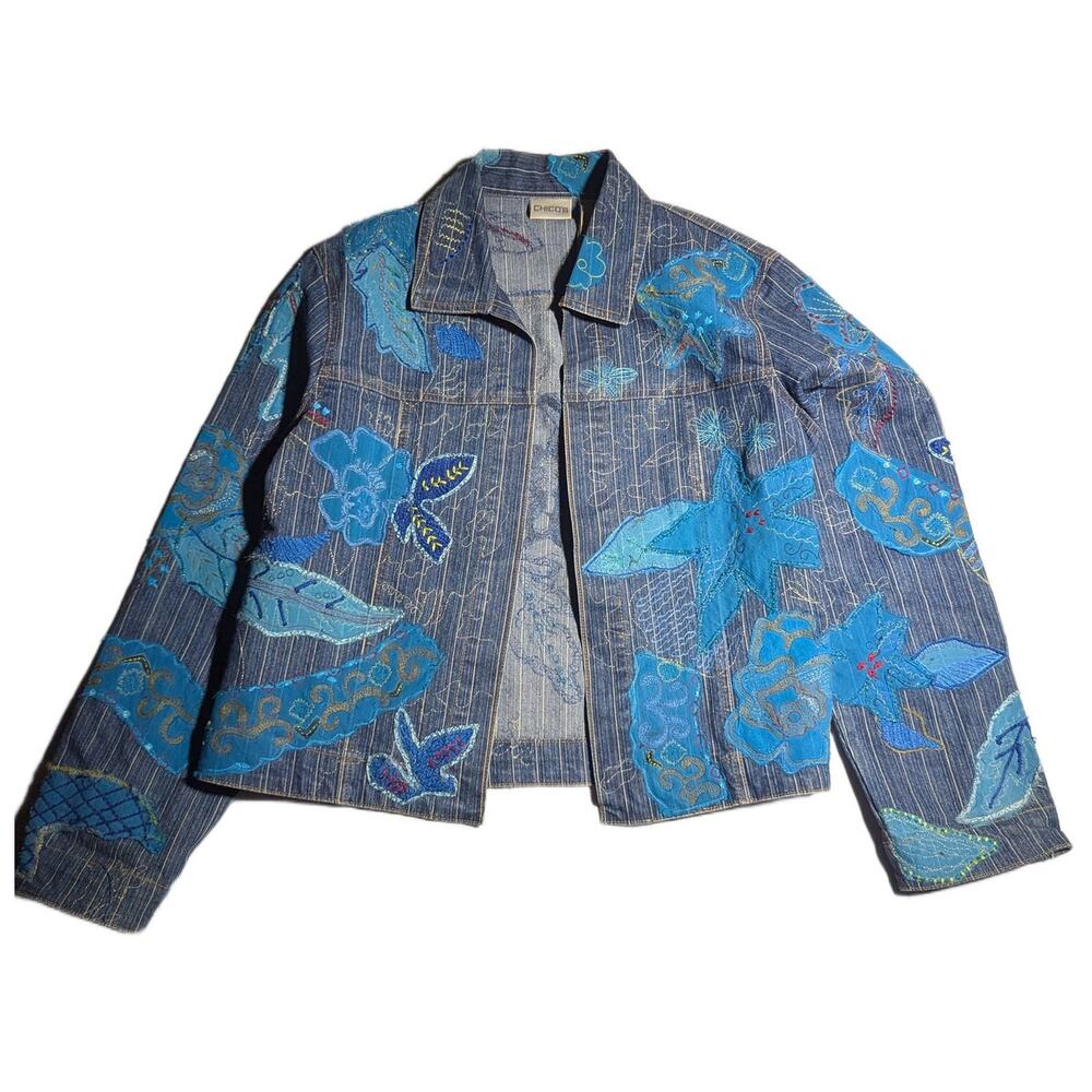Vtg 1990s Chico's Blue Floral Applique Pinstripe Denim Open Front Jacket 1 M